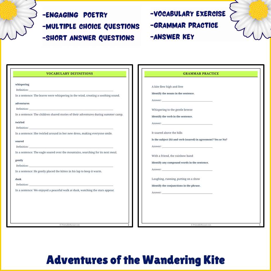 Adventures of the Wandering Kite | Poem Grammar Worksheet Printable Activity