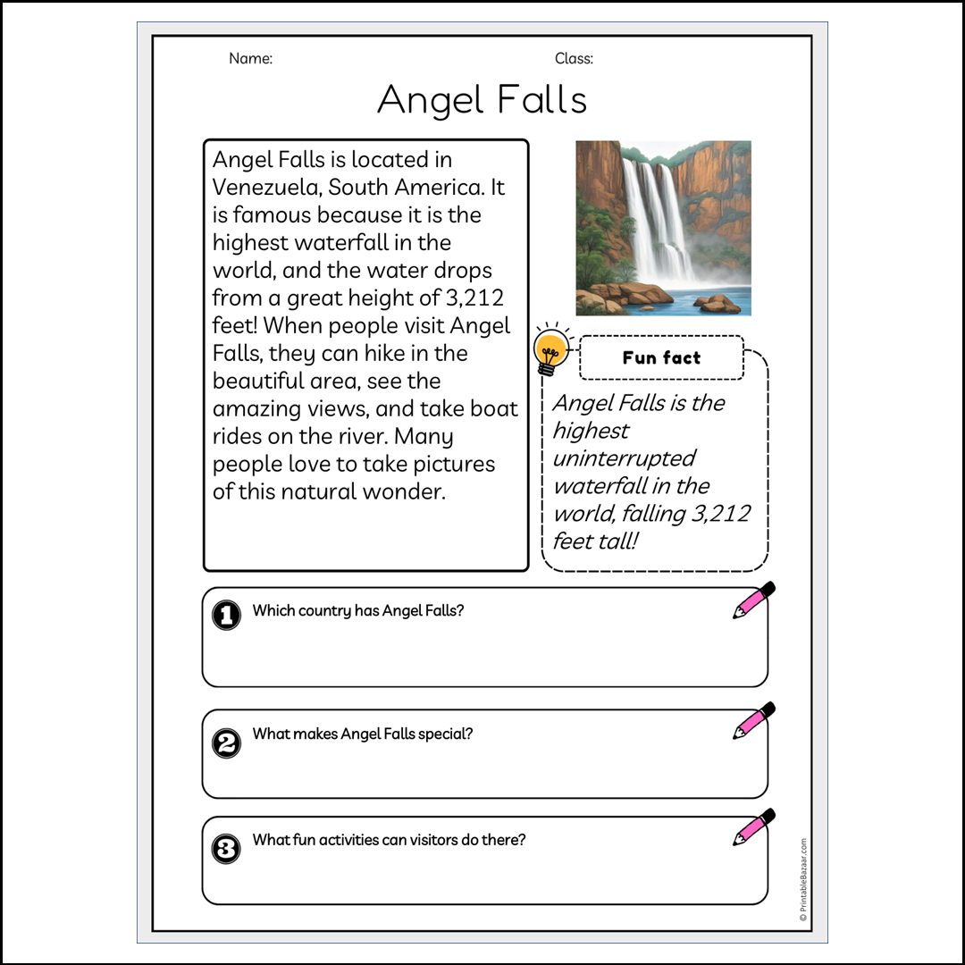 Angel Falls | Reading Passage Comprehension Questions Writing Facts Worksheet