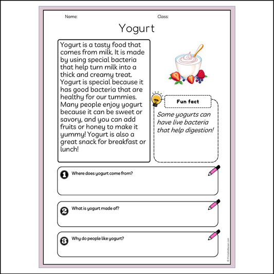 Yogurt | Reading Passage Comprehension Questions Writing Facts Worksheet