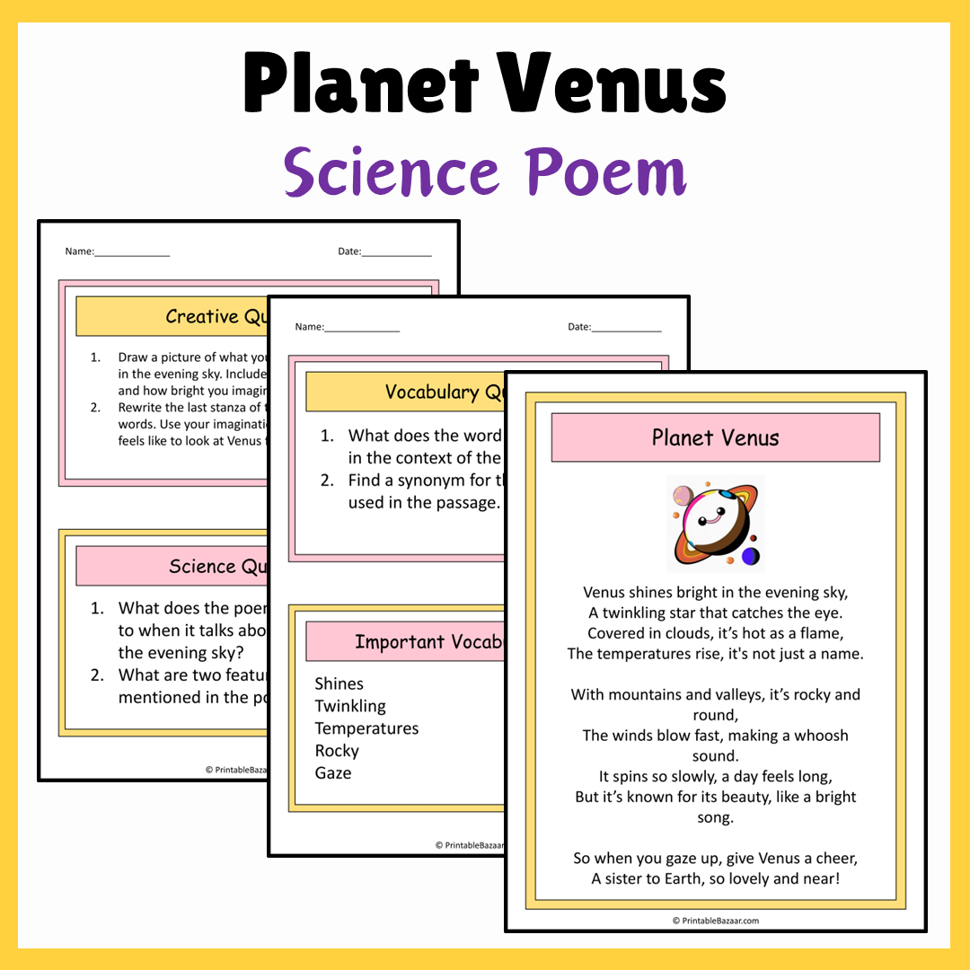 Planet Venus | Science Poem Reading Comprehension Activity