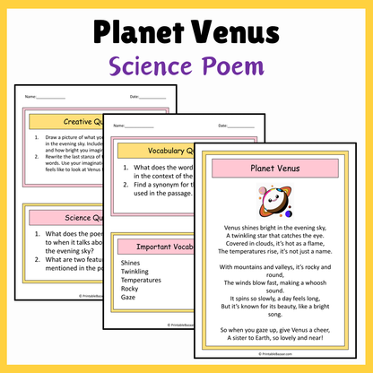 Planet Venus | Science Poem Reading Comprehension Activity