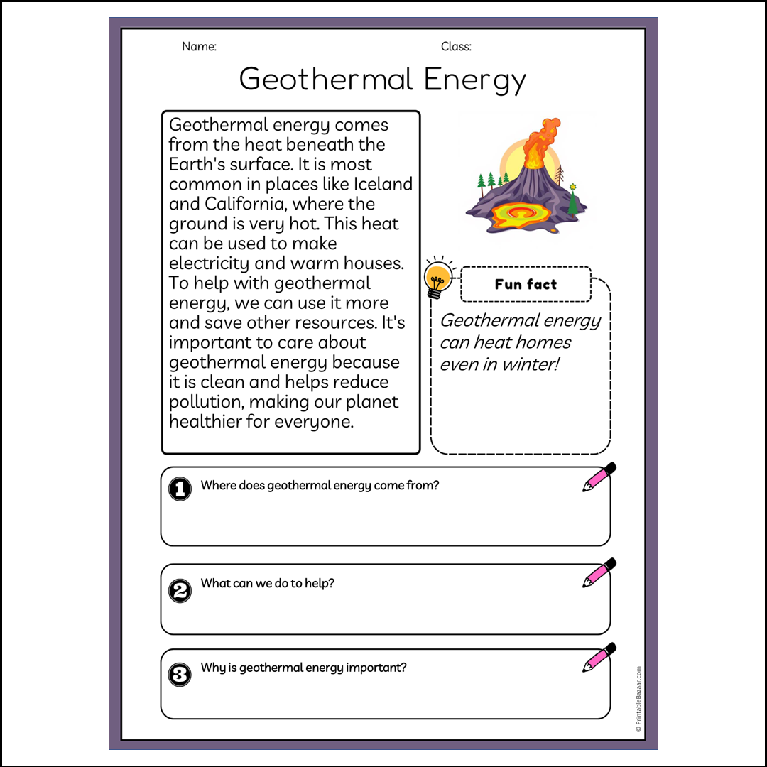 Geothermal Energy | Reading Passage Comprehension Questions Writing Facts Worksheet