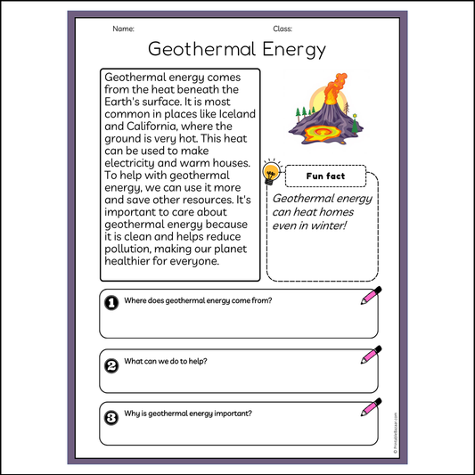 Geothermal Energy | Reading Passage Comprehension Questions Writing Facts Worksheet