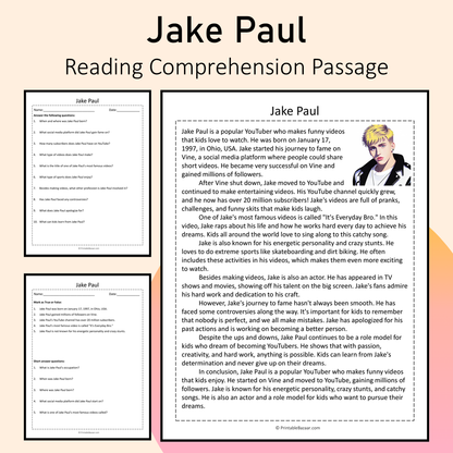 Jake Paul | Reading Comprehension Passage Printable Activity