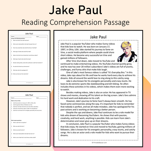 Jake Paul | Reading Comprehension Passage Printable Activity