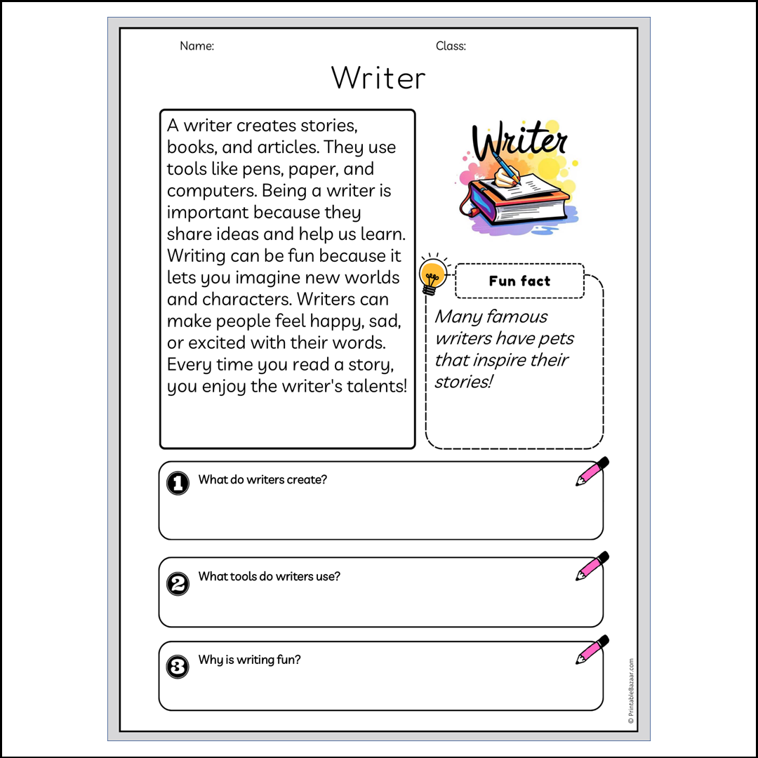 Writer | Reading Passage Comprehension Questions Writing Facts Worksheet