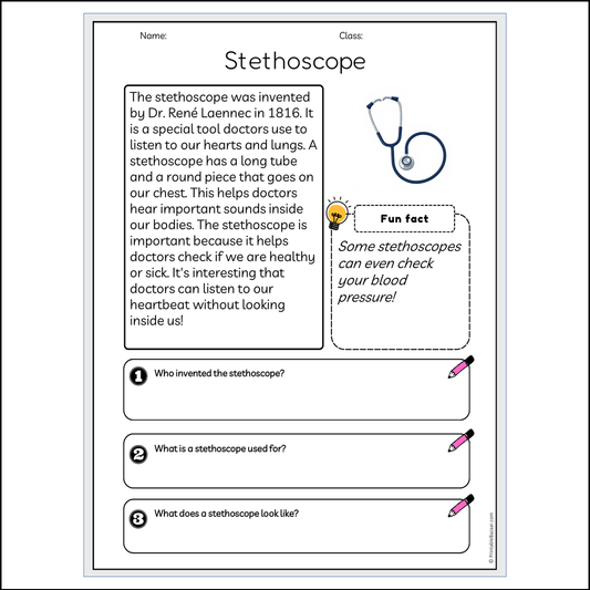 Stethoscope | Reading Passage Comprehension Questions Writing Facts Worksheet