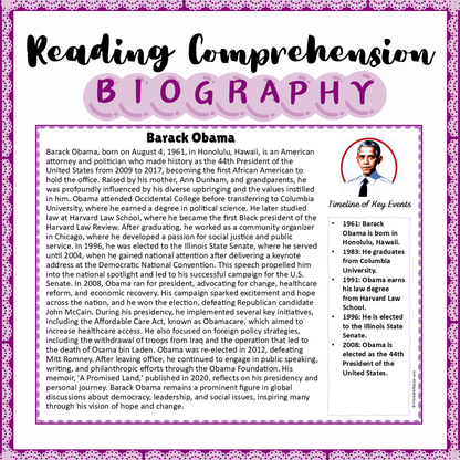 Barack Obama | Biography Reading Comprehension and Questions Worksheet