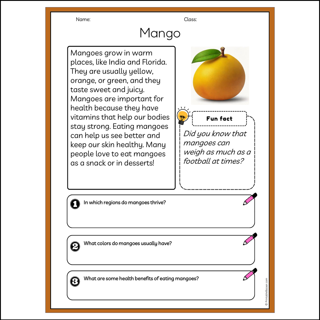 Mango | Reading Passage Comprehension Questions Writing Facts Worksheet