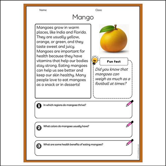 Mango | Reading Passage Comprehension Questions Writing Facts Worksheet