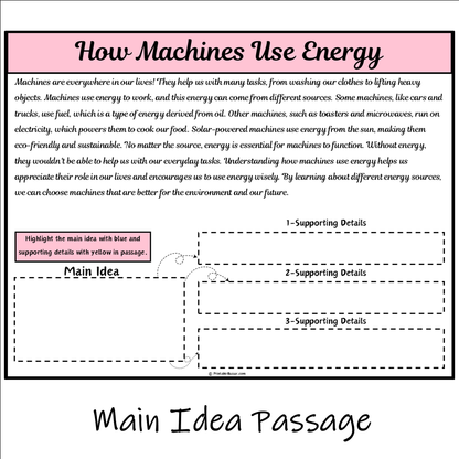 How Machines Use Energy | Main Idea and Supporting Details Reading Passage and Questions