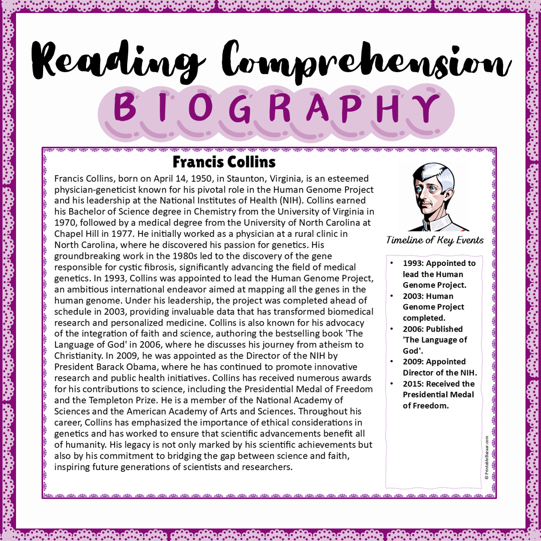 Francis Collins | Biography Reading Comprehension and Questions Worksheet