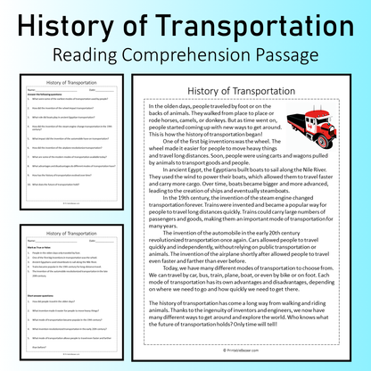 History of Transportation | Reading Comprehension Passage Printable Worksheet