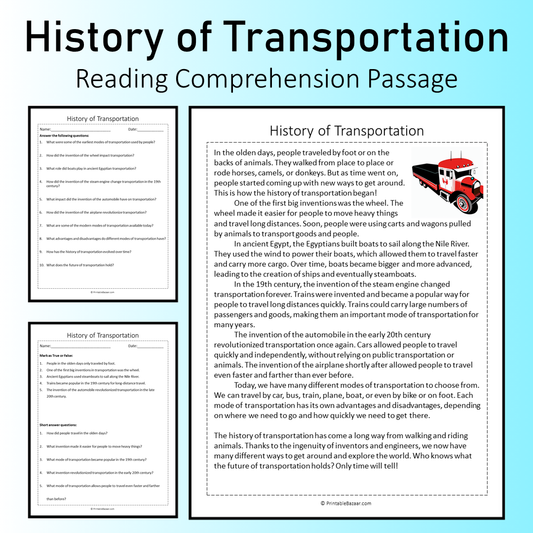History of Transportation | Reading Comprehension Passage Printable Worksheet