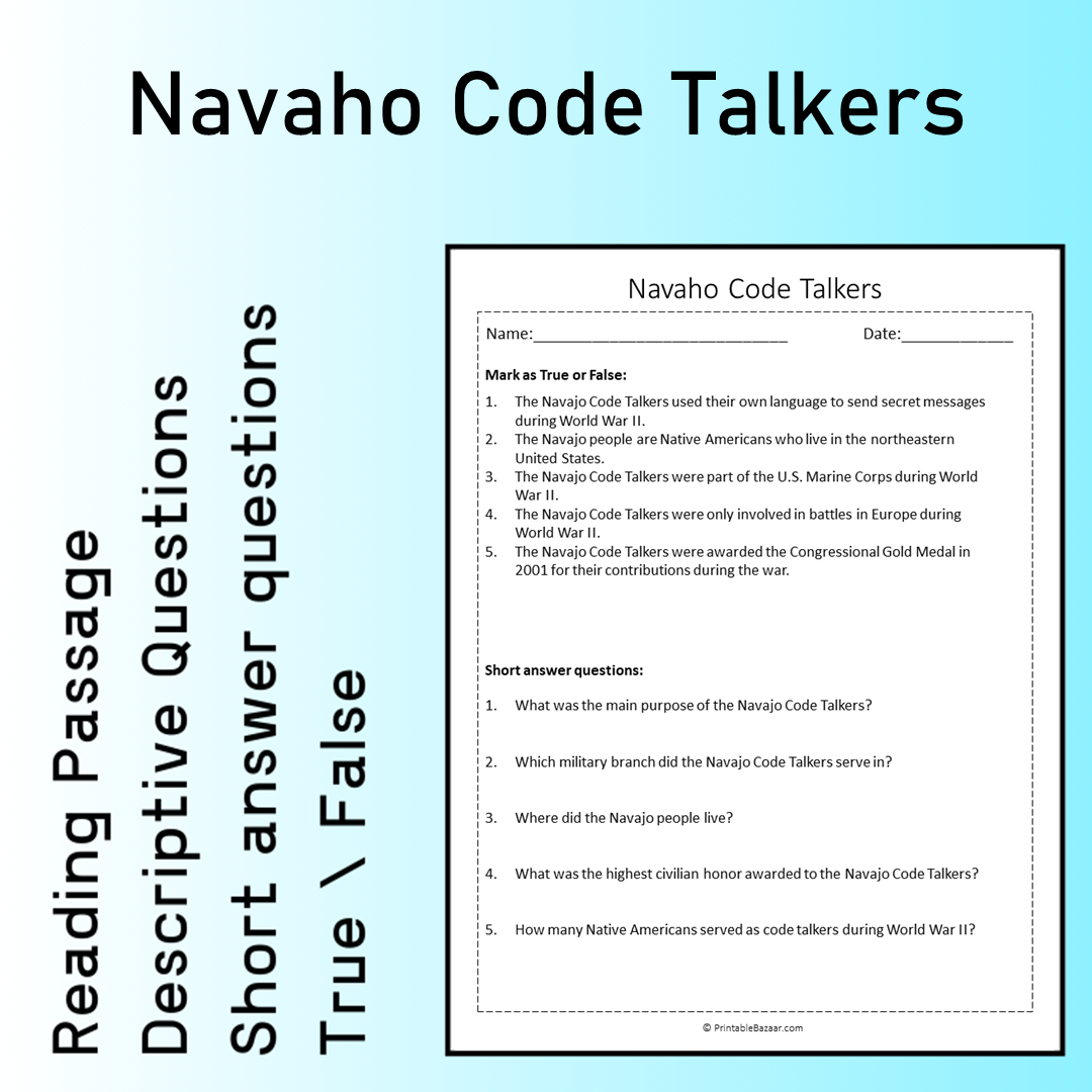 Navaho Code Talkers | Reading Comprehension Passage Printable Worksheet