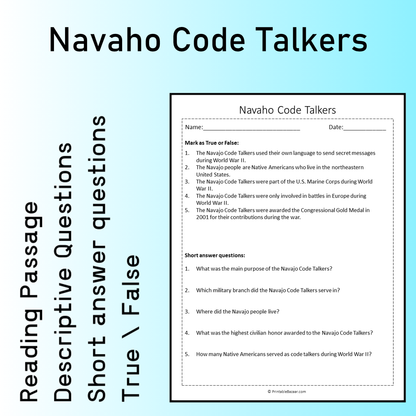 Navaho Code Talkers | Reading Comprehension Passage Printable Worksheet