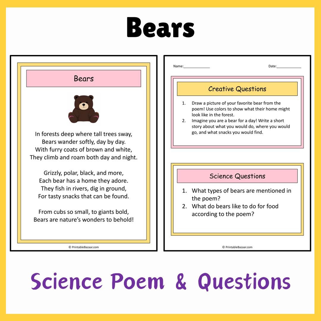 Bears | Science Poem Reading Comprehension Activity