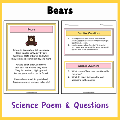 Bears | Science Poem Reading Comprehension Activity