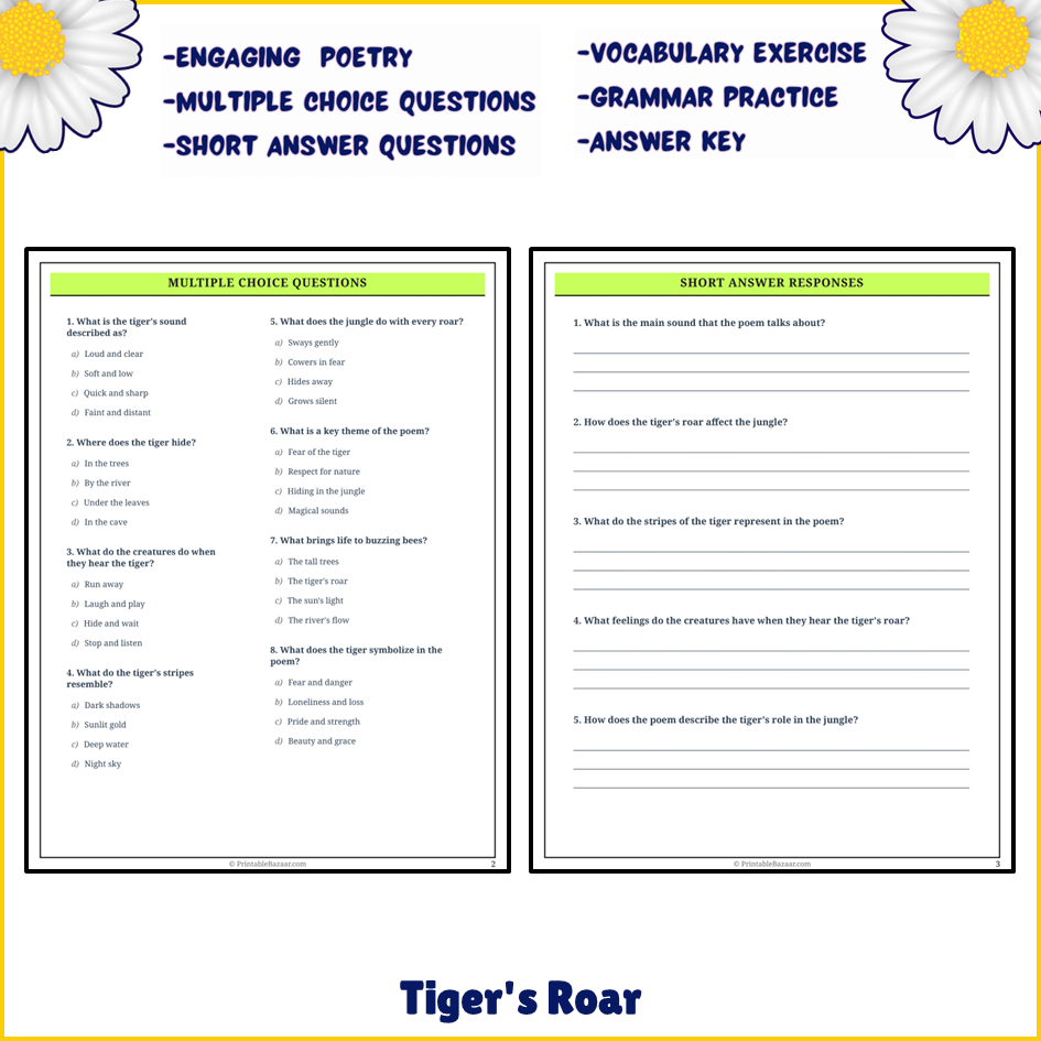 Tiger's Roar | Poem Grammar Worksheet Printable Activity