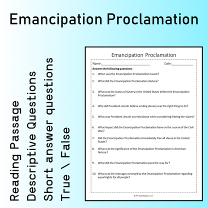 Emancipation Proclamation | Reading Comprehension Passage Printable Worksheet