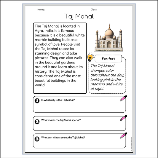 Taj Mahal | Reading Passage Comprehension Questions Writing Facts Worksheet