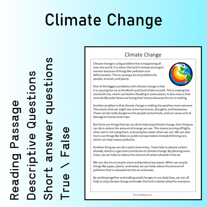 Climate Change | Reading Comprehension Passage Printable Worksheet