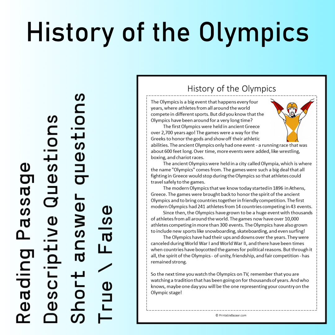History of the Olympics | Reading Comprehension Passage Printable Worksheet