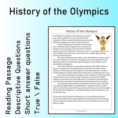 History of the Olympics | Reading Comprehension Passage Printable Worksheet