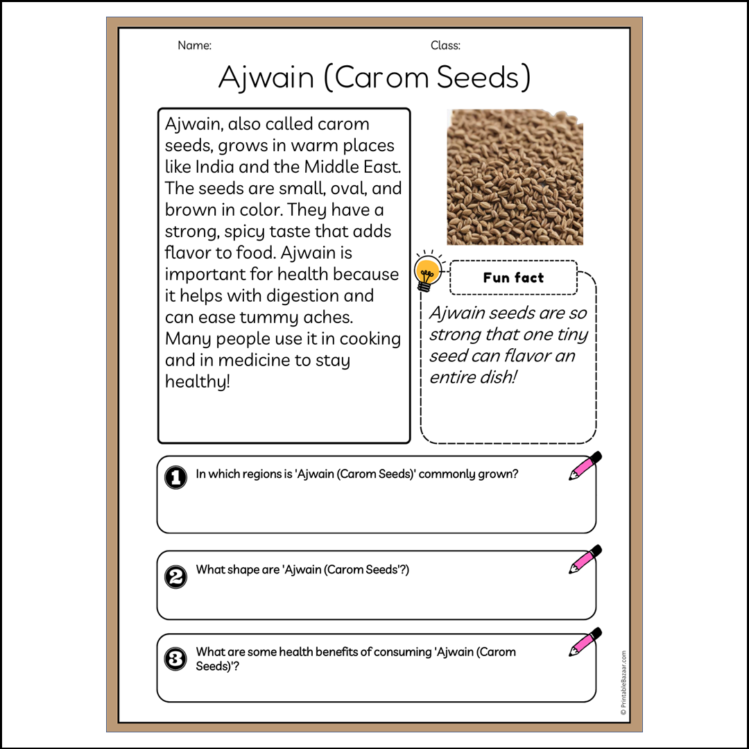 Ajwain (Carom Seeds) | Reading Passage Comprehension Questions Writing Facts Worksheet