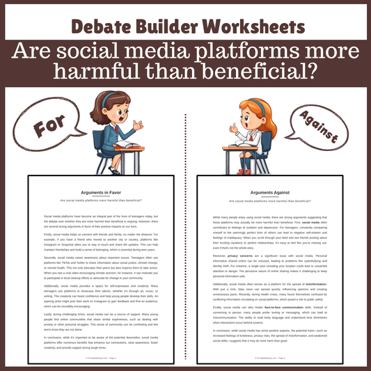 Are social media platforms more harmful than beneficial? | Favour and Against Worksheet Printable Activity