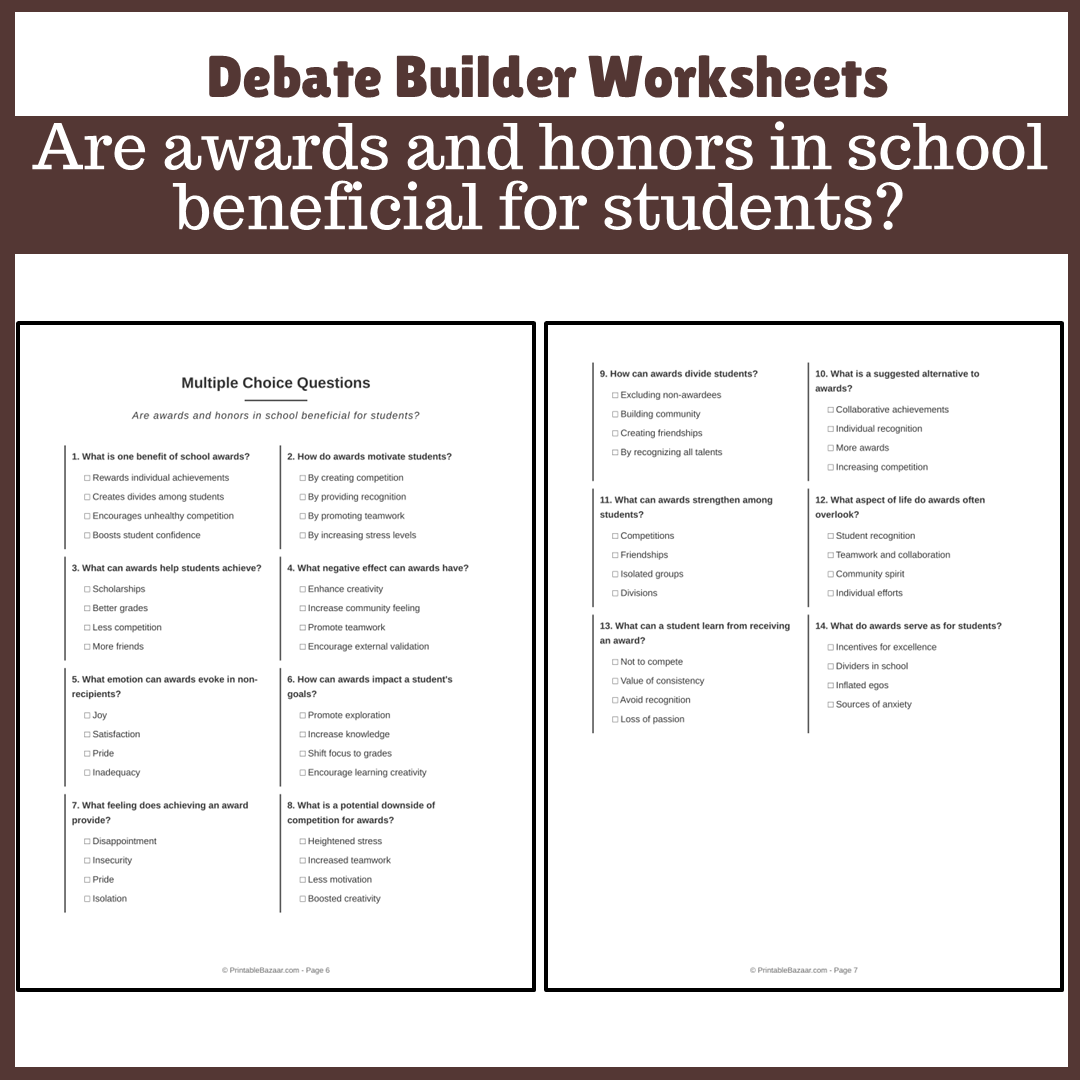 Are awards and honors in school beneficial for students? | Favour and Against Worksheet Printable Activity