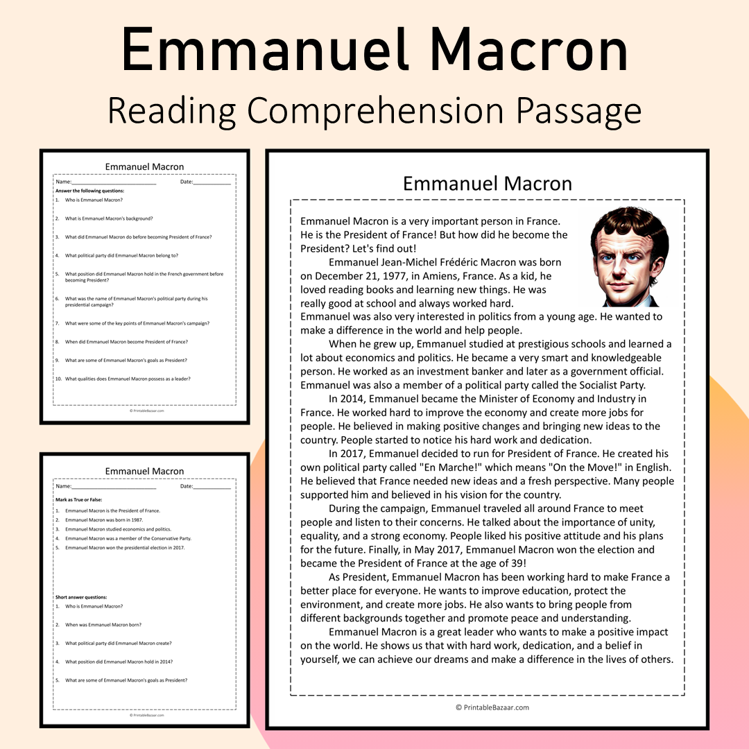 Emmanuel Macron | Reading Comprehension Passage Printable Activity