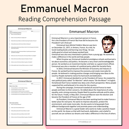 Emmanuel Macron | Reading Comprehension Passage Printable Activity