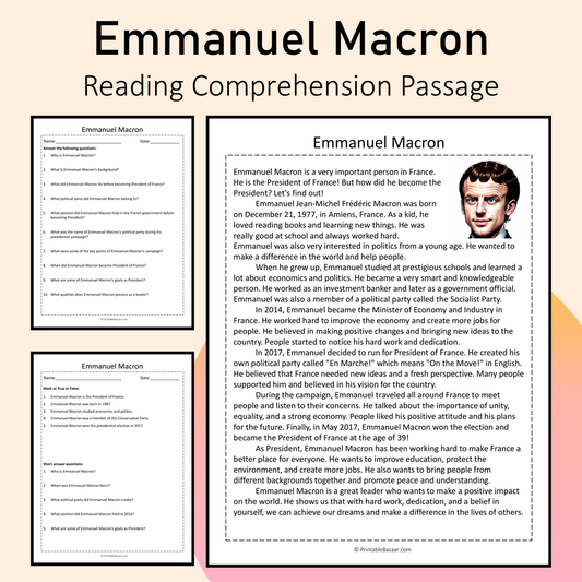 Emmanuel Macron | Reading Comprehension Passage Printable Activity