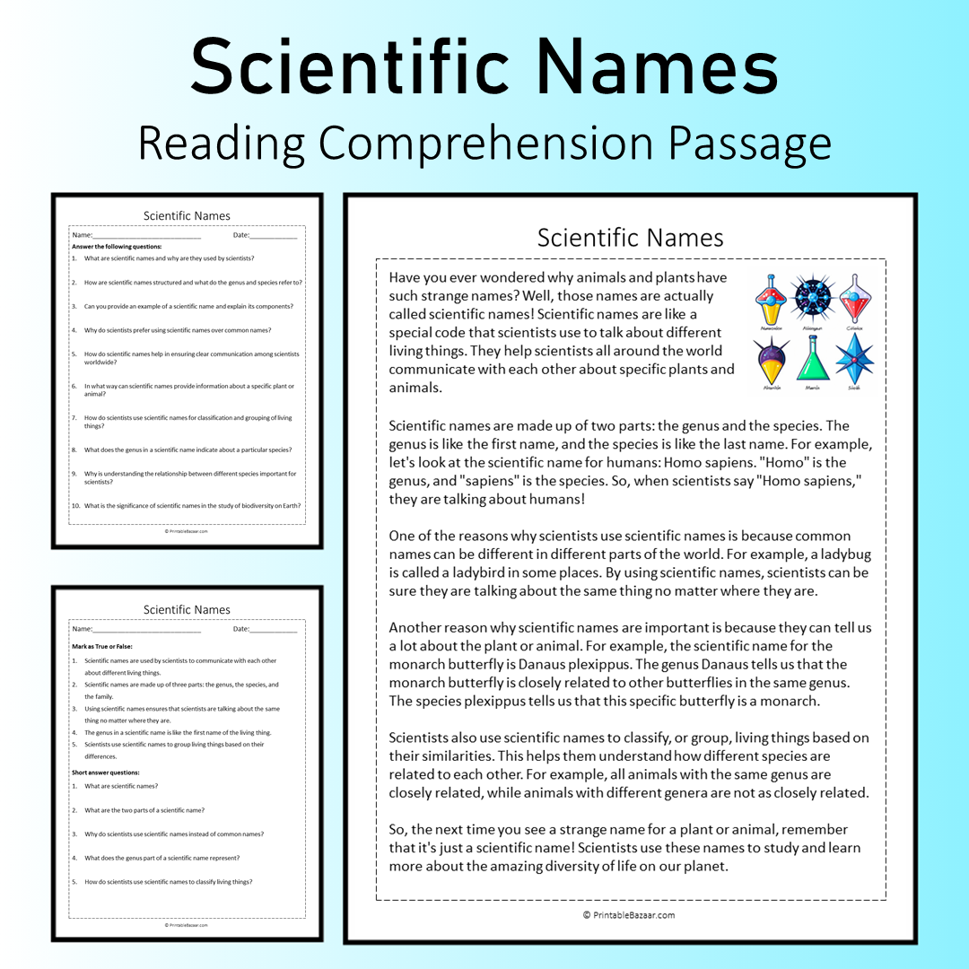 Scientific Names | Reading Comprehension Passage Printable Worksheet
