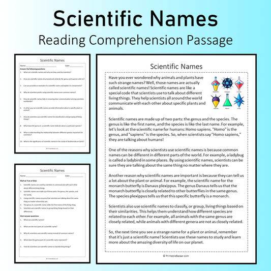 Scientific Names | Reading Comprehension Passage Printable Worksheet