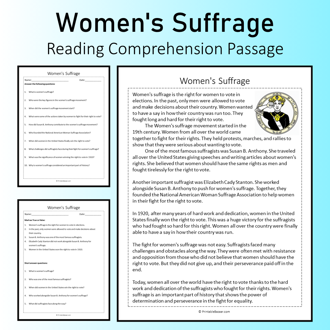 Women's Suffrage | Reading Comprehension Passage Printable Worksheet