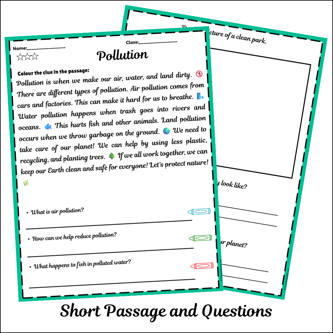 Pollution | Short Reading Comprehension Creative Worksheet