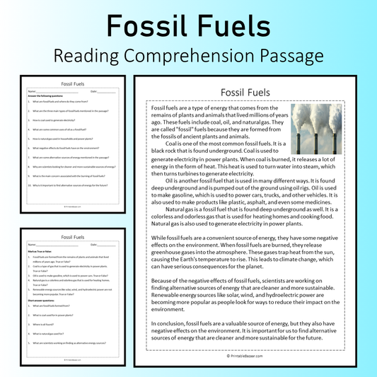 Fossil Fuels | Reading Comprehension Passage Printable Worksheet