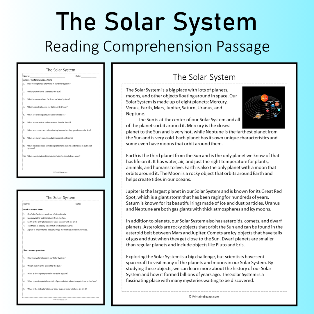 The Solar System | Reading Comprehension Passage Printable Worksheet