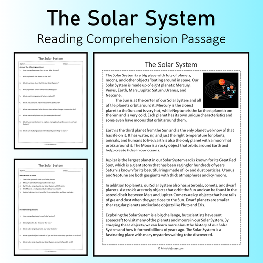 The Solar System | Reading Comprehension Passage Printable Worksheet