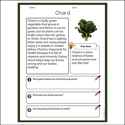 Chard | Reading Passage Comprehension Questions Writing Facts Worksheet