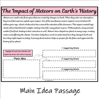 The Impact of Meteors on Earth’s History | Main Idea and Supporting Details Reading Passage and Questions