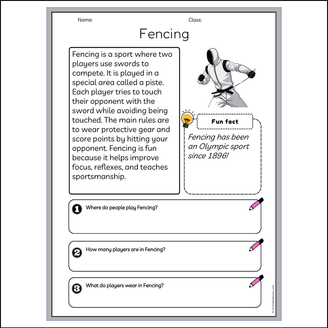 Fencing | Reading Passage Comprehension Questions Writing Facts Worksheet