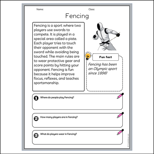 Fencing | Reading Passage Comprehension Questions Writing Facts Worksheet