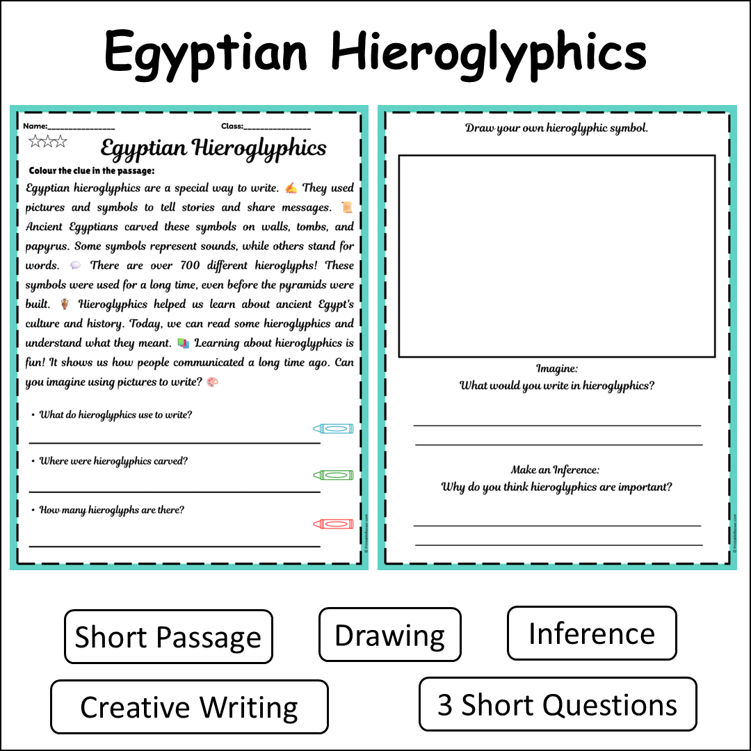 Egyptian Hieroglyphics | Short Reading Comprehension Creative Worksheet