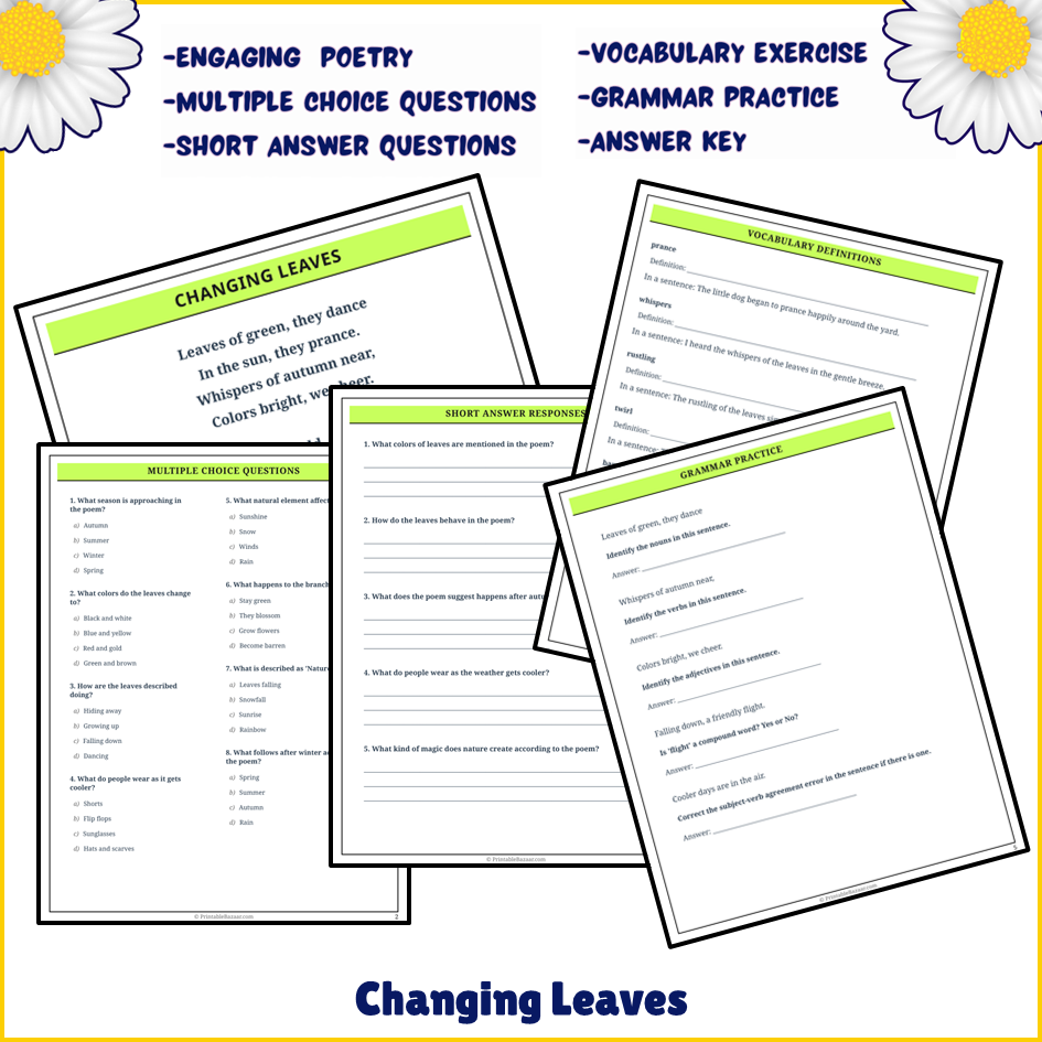 Changing Leaves | Poem Grammar Worksheet Printable Activity