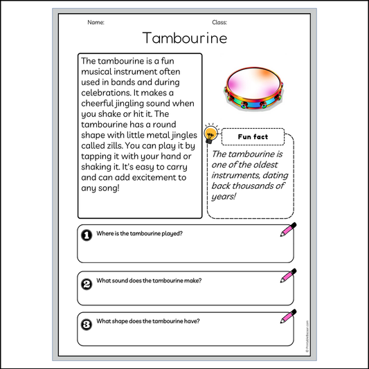 Tambourine | Reading Passage Comprehension Questions Writing Facts Worksheet