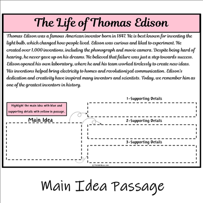 The Life of Thomas Edison | Main Idea and Supporting Details Reading Passage and Questions