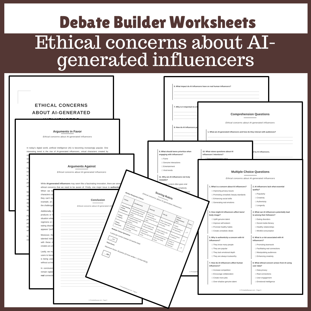 Ethical concerns about AI-generated influencers | Favour and Against Worksheet Printable Activity